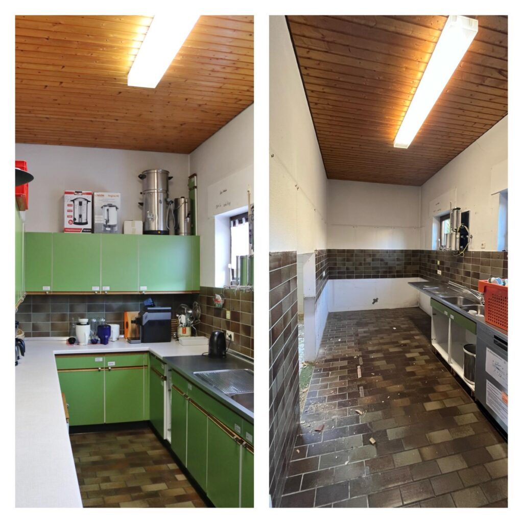 Zwei Bilder, die den Zustand vorher und nachher zeigen. Links sind die Möbel noch eingebaut, rechts sind nur noch leere Wände zu sehen.