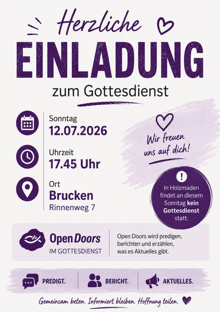 Eine gedruckter Flyer als Einladung zum Gottesdienst in Brucken.